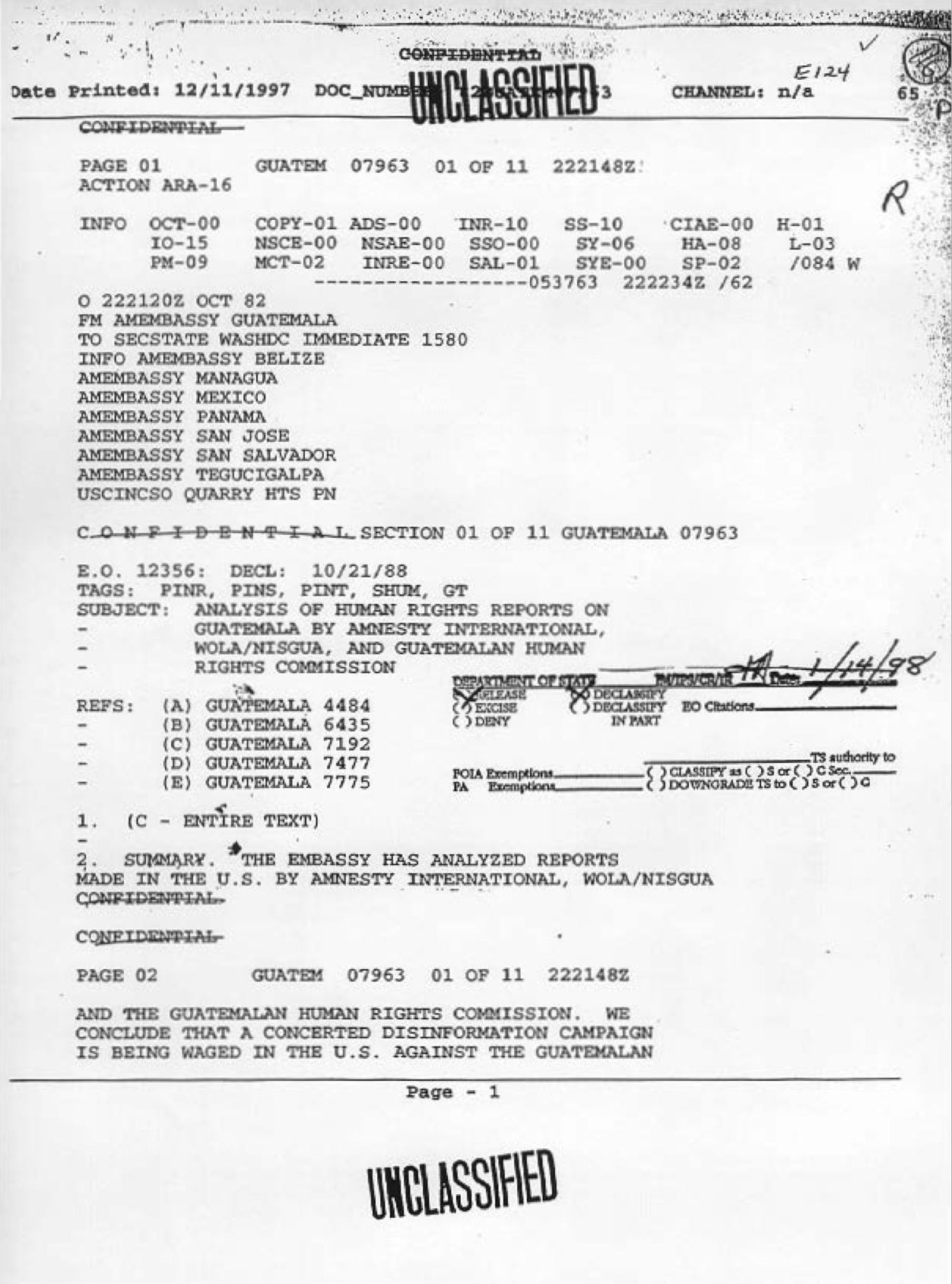 Front page of the unclassified document, "Analysis of Human Rights Reports on Guatemala by Amnesty International, WOLA/NISGUA, and Guatemala Human Rights Commission."